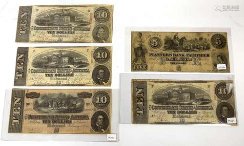 Confederate States Of America Banknotes, 5 Pieces, H 3`` W 7...