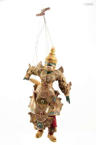 Thailand Demon Puppet, Wood, Lacquer, Gold Sequins H 24"...