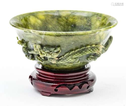 Chinese Green Jade Bowl, Dragon Carved In Relief C. 1900, H ...