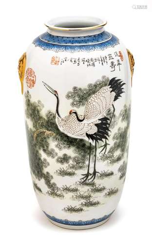 Chinese Chinese Porcelain Vase, Motif Of Cranes, Seals, Call...