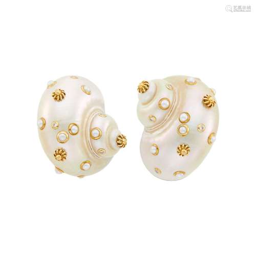 Trianon Pair of Gold, Shell, Diamond and Split Pearl Earclip...