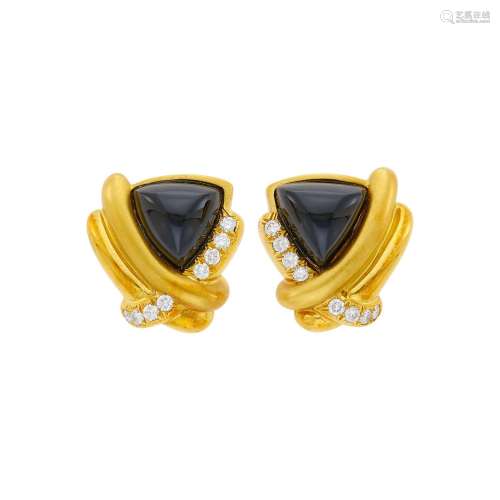 Marlene Stowe Pair of Gold, Black Onyx and and Diamond Earcl...