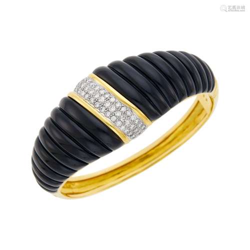Two-Color Gold, Fluted Black Onyx and Diamond Bangle Bracele...