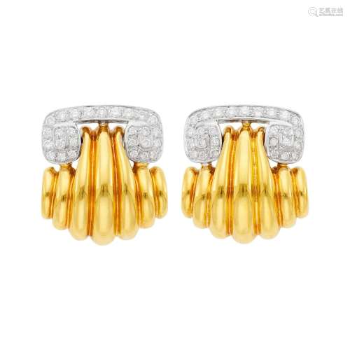 Pair of Two-Color Gold and Diamond Earclips