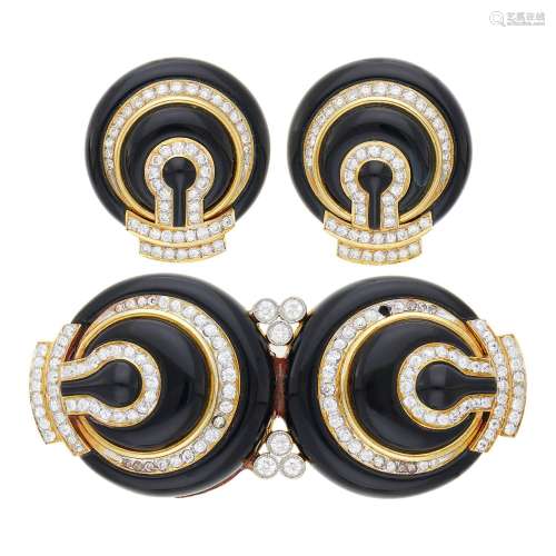 Pair of Gold, Black Onyx and Diamond Earclips and Clip-Brooc...