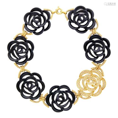 Gold, Carved Black Onyx and Diamond Flower Necklace