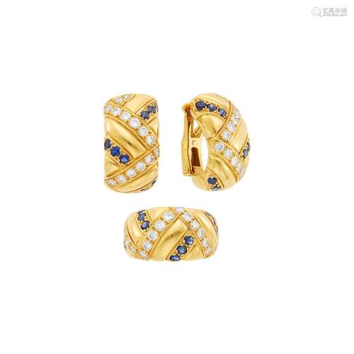 Pair of Gold, Sapphire and Diamond Half-Hoop Earclips and Bo...