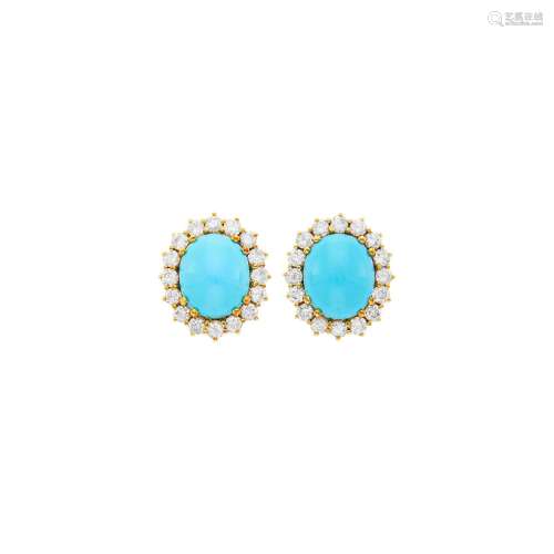 Pair of Gold, Turquoise and Diamond Earclips