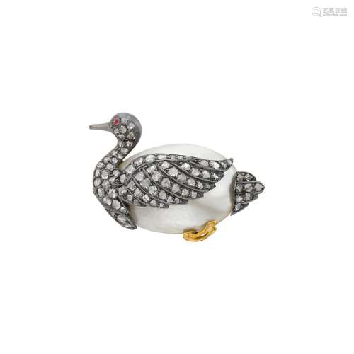 Silver, Gold, Blister Pearl and Diamond Duck Brooch