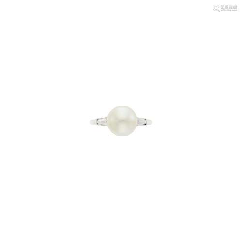 Platinum, Natural Button Pearl and Diamond Ring