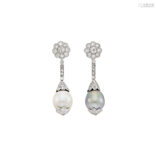 Pair of Platinum, Natural Gray and White Pearl and Diamond P...