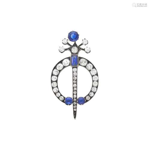 Antique Silver, Gold, Sapphire and Diamond Circle Sword Pin,...