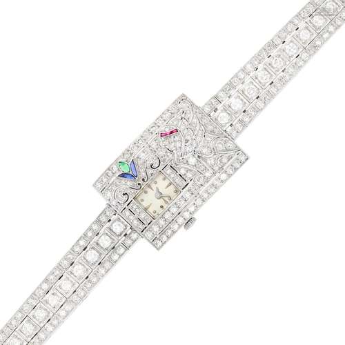 Platinum, Diamond and Gem-Set Wristwatch