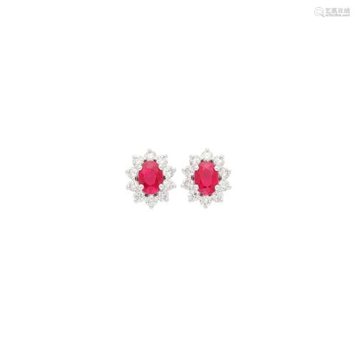 Pair of White Gold, Ruby and Diamond Earrings