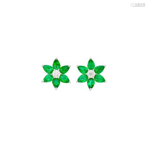 Pair of Platinum, Emerald and Diamond Flower Earrings