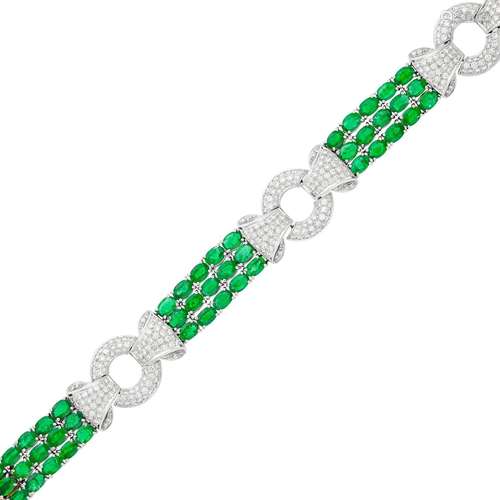 Triple Strand Platinum, Gold, Emerald and Diamond Bracelet