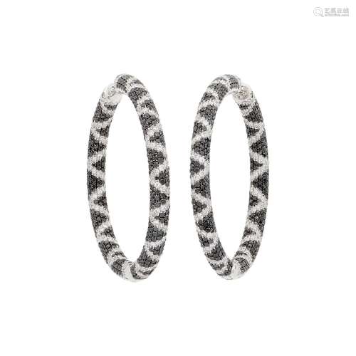 Pair of White Gold, Diamond and Black Diamond Hoop Earrings