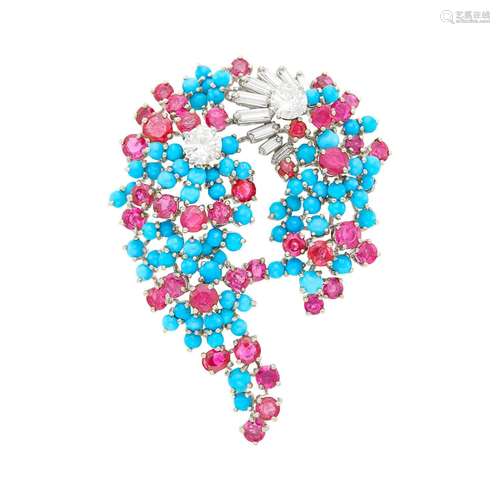 White Gold, Diamond, Turquoise and Ruby Clip-Brooch