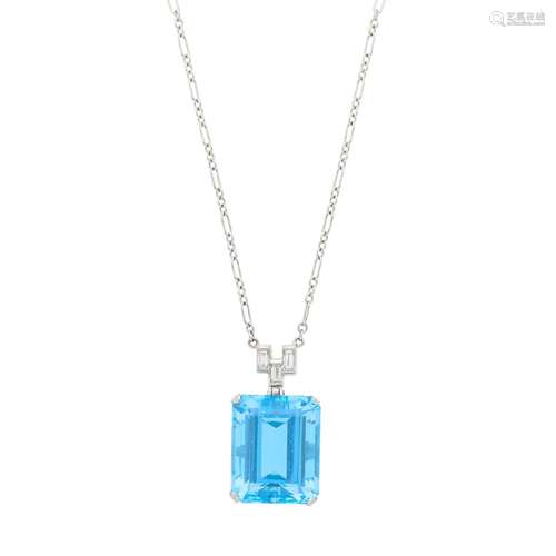 White Gold, Aquamarine and Diamond Pendant with Chain Neckla...