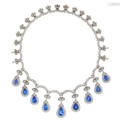 White Gold, Sapphire and Diamond Fringe Necklace