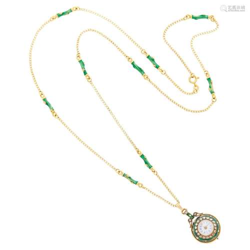 Gold, Silver, Green Guilloché Enamel and Diamond Ball Pendan...