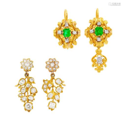 Two Pairs of Antique Gold, Emerald and Diamond Pendant-Earri...