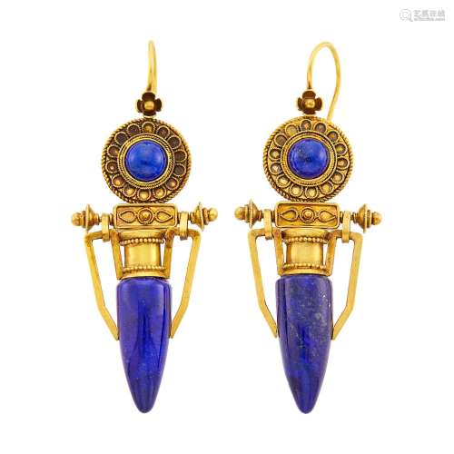 Pair of Estruscan Revival Gold and Lapis Pendant-Earrings