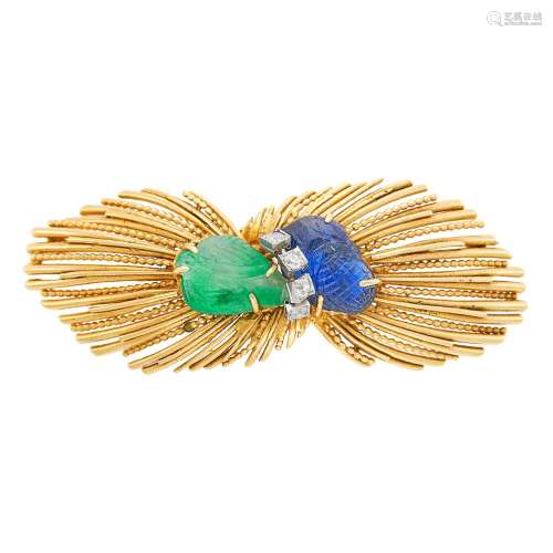 Two-Color Gold, Carved Emerald and Sapphire and Diamond Broo...