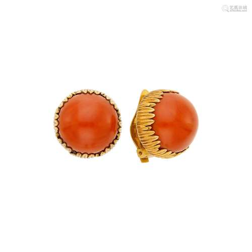 Pair of Gold and Coral Earclips