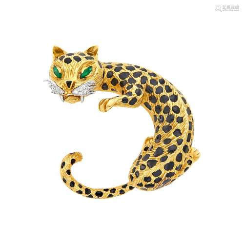 Two-Color Gold, Black Enamel, Emerald and Diamond Leopard Cl...