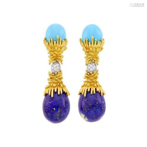 Pair of Two-Color Gold, Turquoise and Lapis Enamel and Diamo...