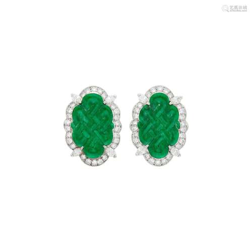 Pair of White Gold, Carved Jade and Diamond Earclips
