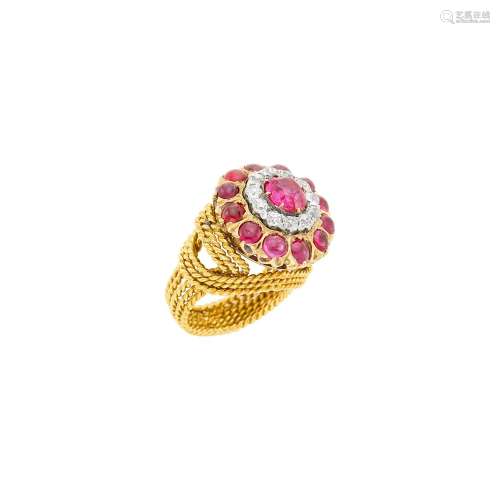 Gold, Platinum, Ruby and Diamond Dome Ring