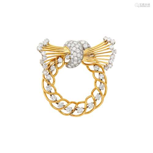 Gold, Platinum and Diamond Wreath Bow Clip-Brooch, France