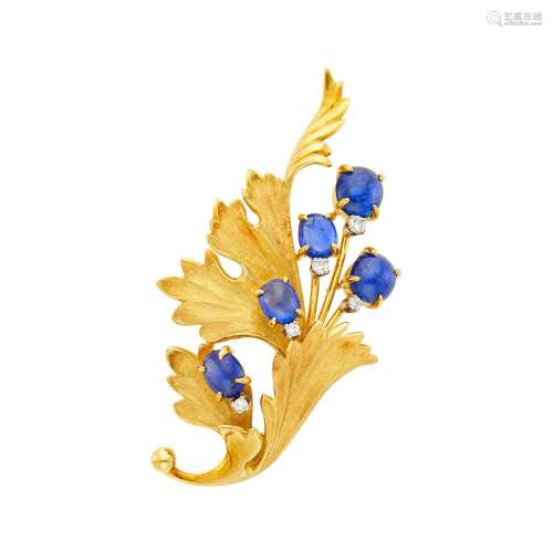 Gold, Cabochon Sapphire and Diamond Brooch