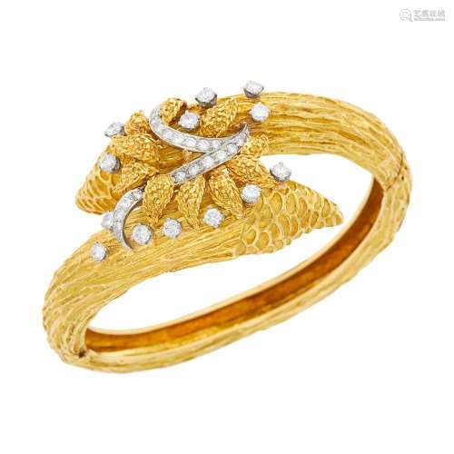 Two-Color Gold and Diamond Crossover Bangle Bracelet