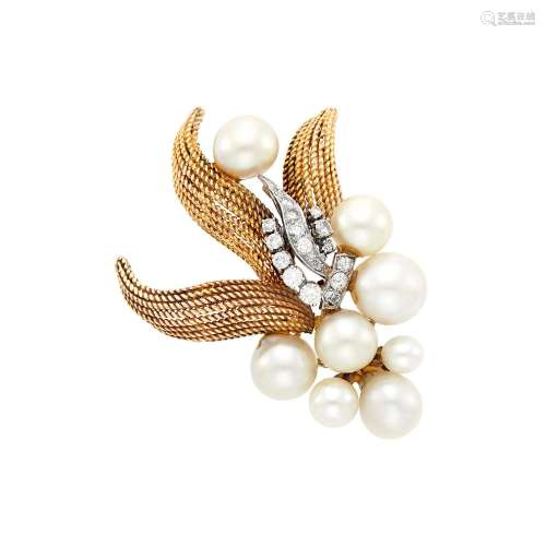 Seaman Schepps Two-Color Gold, Cultured Pearl and Diamond Cl...