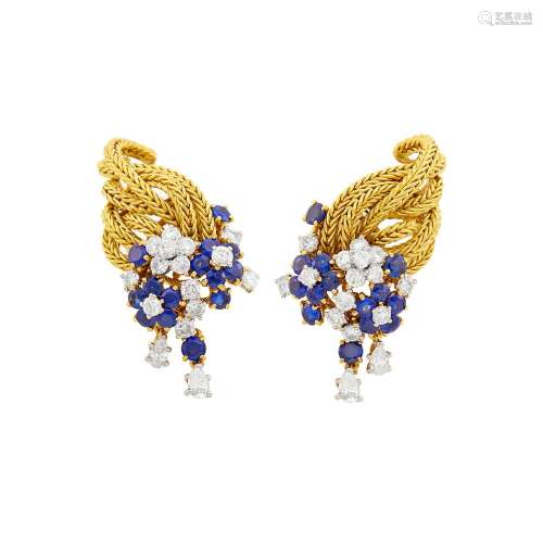 Pair of Gold, Platinum, Sapphire and Diamond Fringe Earclips...