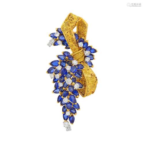 Gold, Sapphire and Diamond Clip-Brooch, France