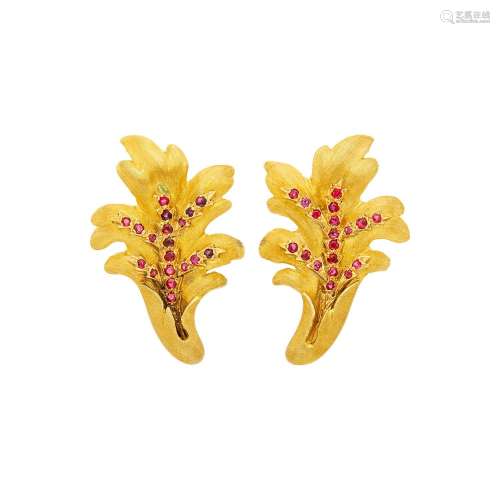 Mario Buccellati Pair of Gold and Ruby Leaf Earclips