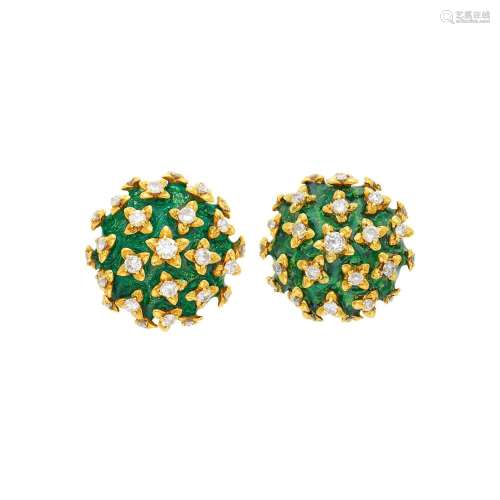Pair of Gold, Green Enamel and Diamond Button Earclips