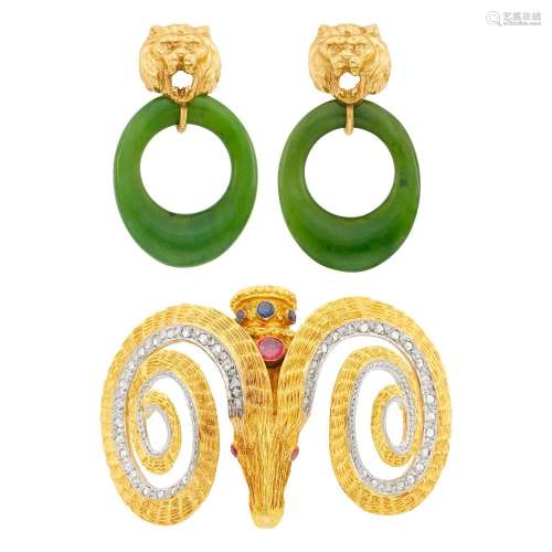 Pair of Gold and Nephrite Hoop Earclips and Zolotas Two-Colo...
