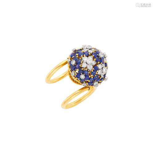 Gold, Platinum, Sapphire and Diamond Dome Floret Ring, Franc...