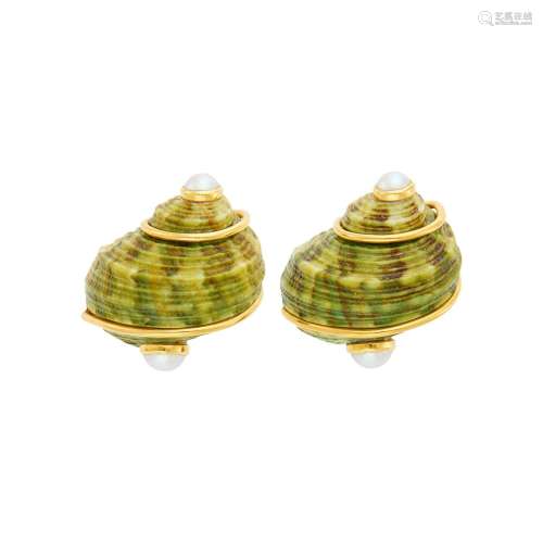 Seaman Schepps Pair of Gold, Green Shell and Split Pearl Ear...