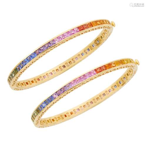 Pair of Gold and Multicolored Sapphire Bangle Bracelets