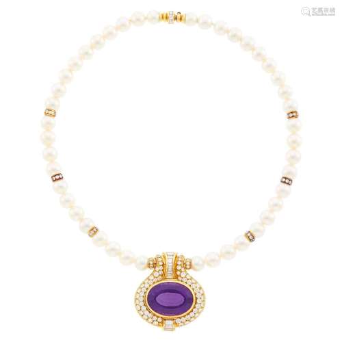 Cultured Pearl, Gold, Amethyst and Diamond Necklace