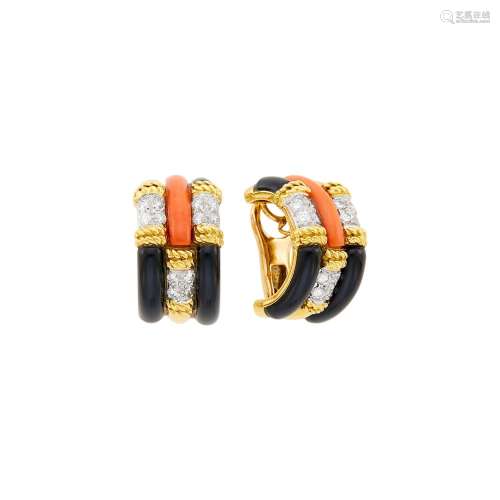 Kutchinsky Pair of Two-Color Gold, Coral, Black Onyx and Dia...