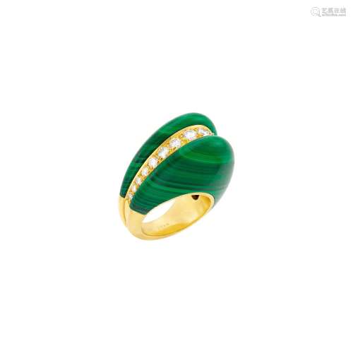 Gold, Malachite and Diamond Dome Ring, France