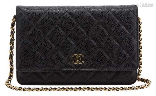 Chanel Black `Caviar` Leather Wallet with Chain