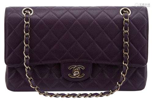 Chanel Purple `Caviar` Leather Double Flap Bag